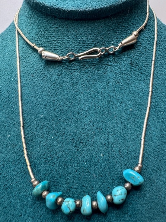 Jewelry - Turquoise Liquid Sterling Silver Necklace Cone Caps Hook Closure 20”